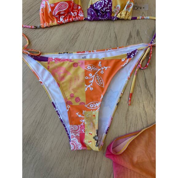 boho bikini & skirt MED Sheer coverup orange yellow Swimsuit 3 Piece Set Sexy - Picture 5 of 7